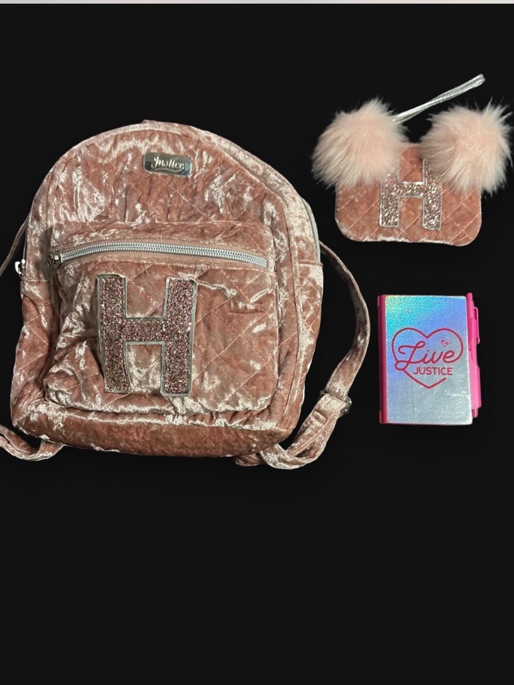 Justice Pink Velvet Kids Mini backpack purse  and matching pouch with “H”